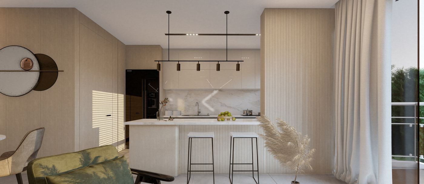 Apartamento E32 — cocina con isla