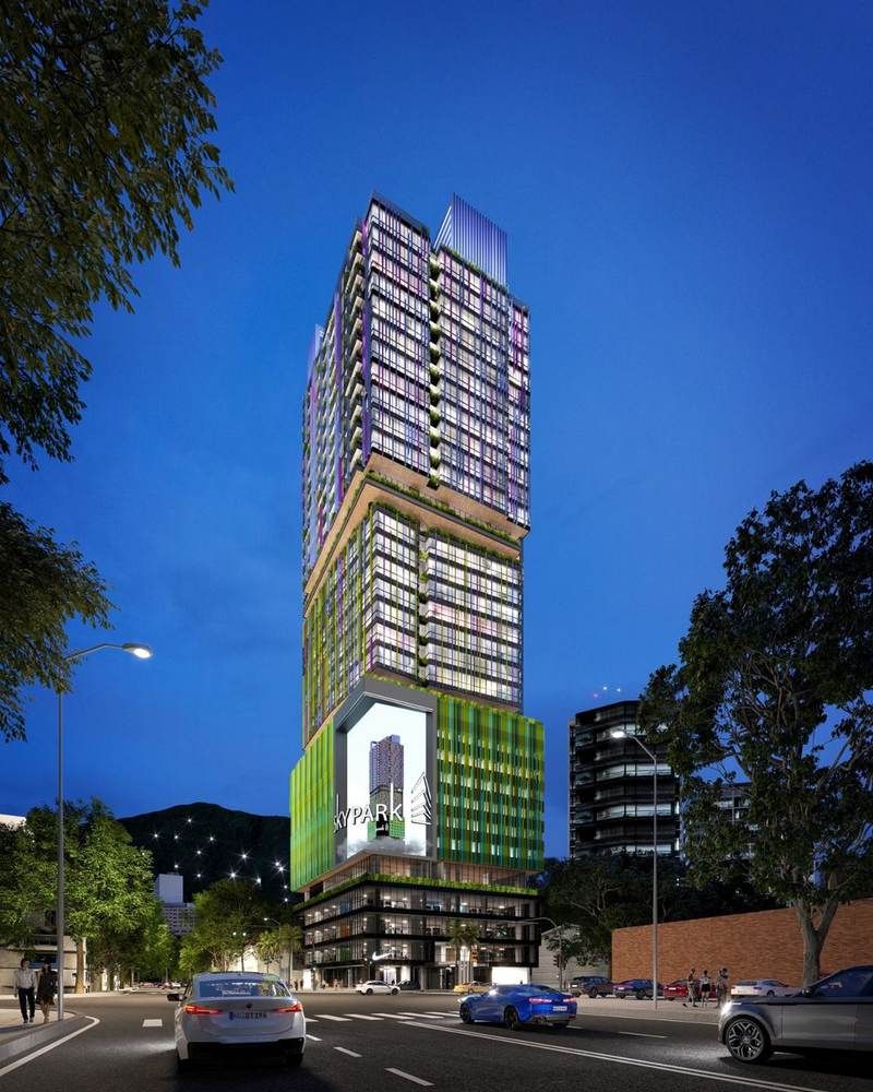 Skypark — render nocturno, vista completa de la torre