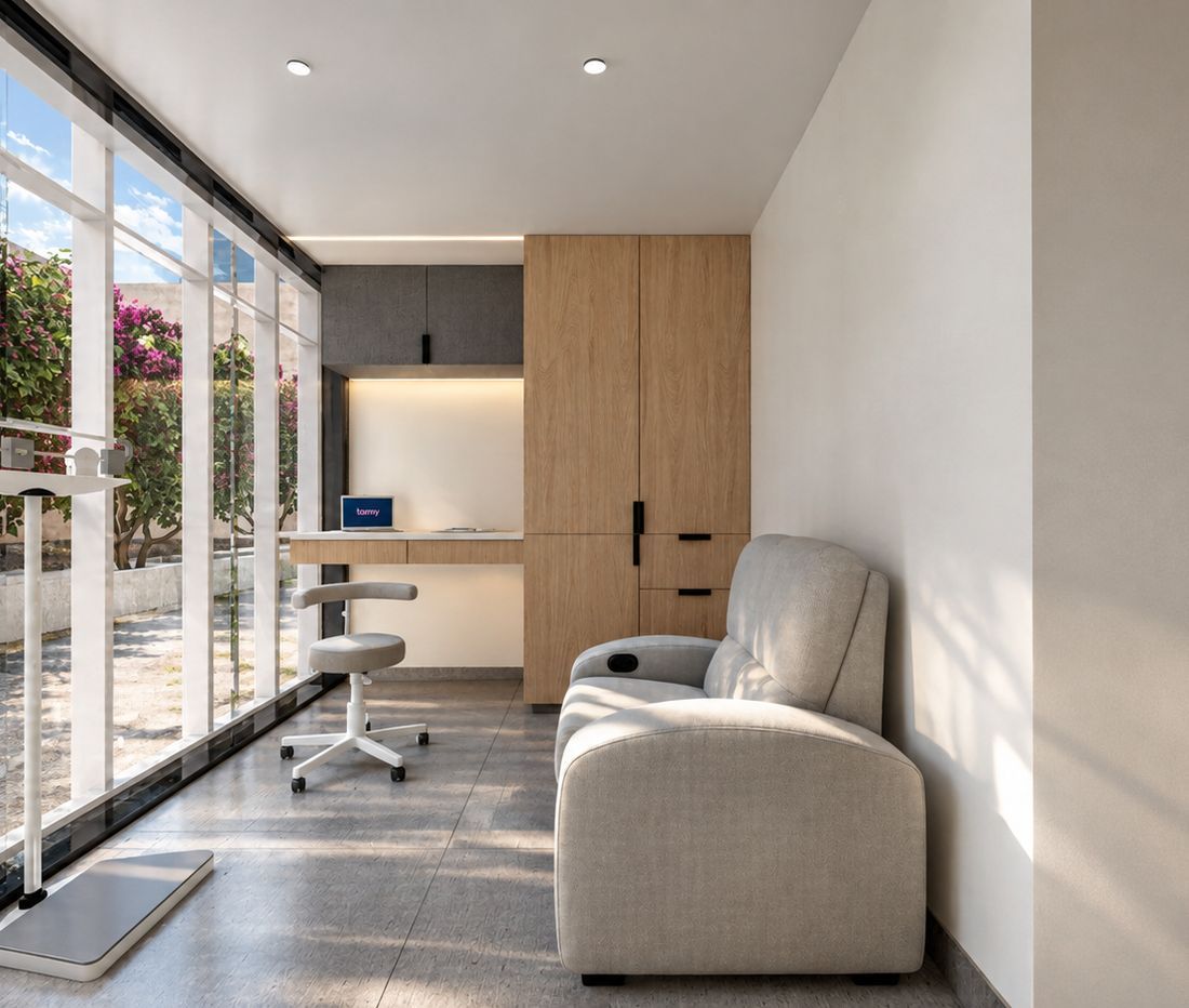 Consultorios Kamy — sala de espera con vista al jardín